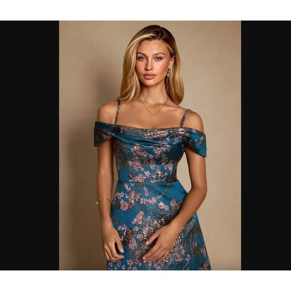 NWT Azazie Marceline Teal Floral A-Line Dress Formal Bridesmaid Black Tie Gown - Picture 6 of 8